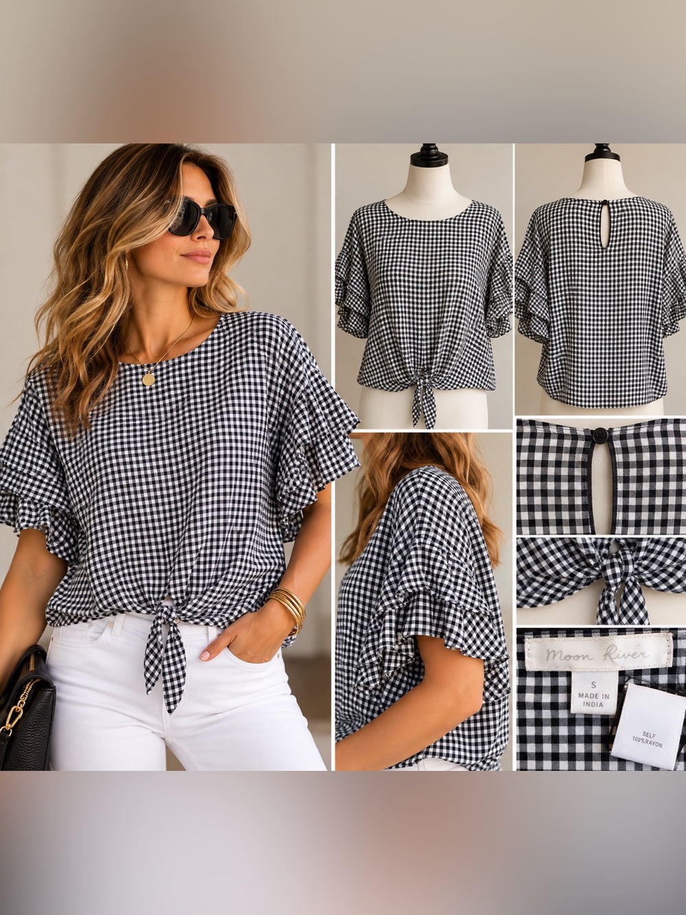 Moon River Black White Gingham Tie Front Blouse Size S